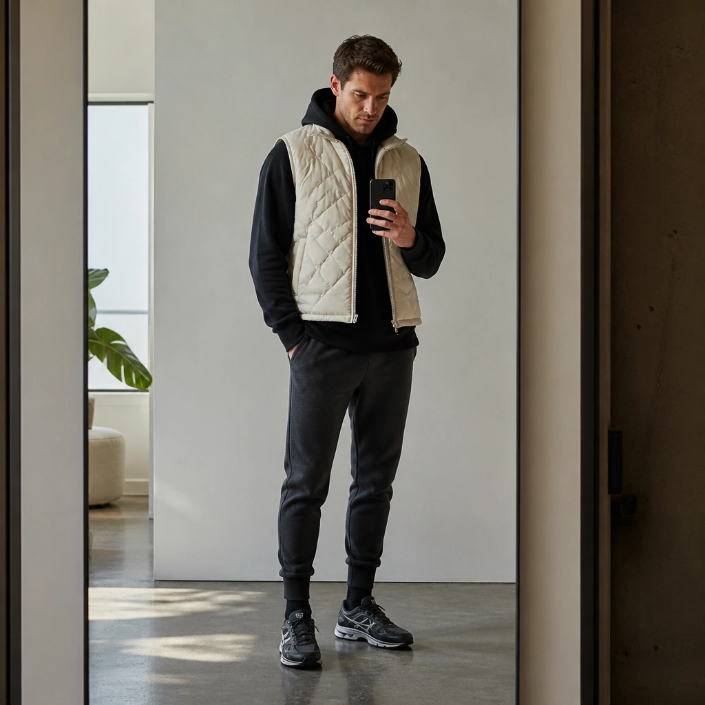 A man wearing a black hoodie under a cream quilted puffer vest, charcoal joggers, and black crew socks; ASICS Gel Kayano sneakers in black/gray; indoor mirror shot with soft daylight.