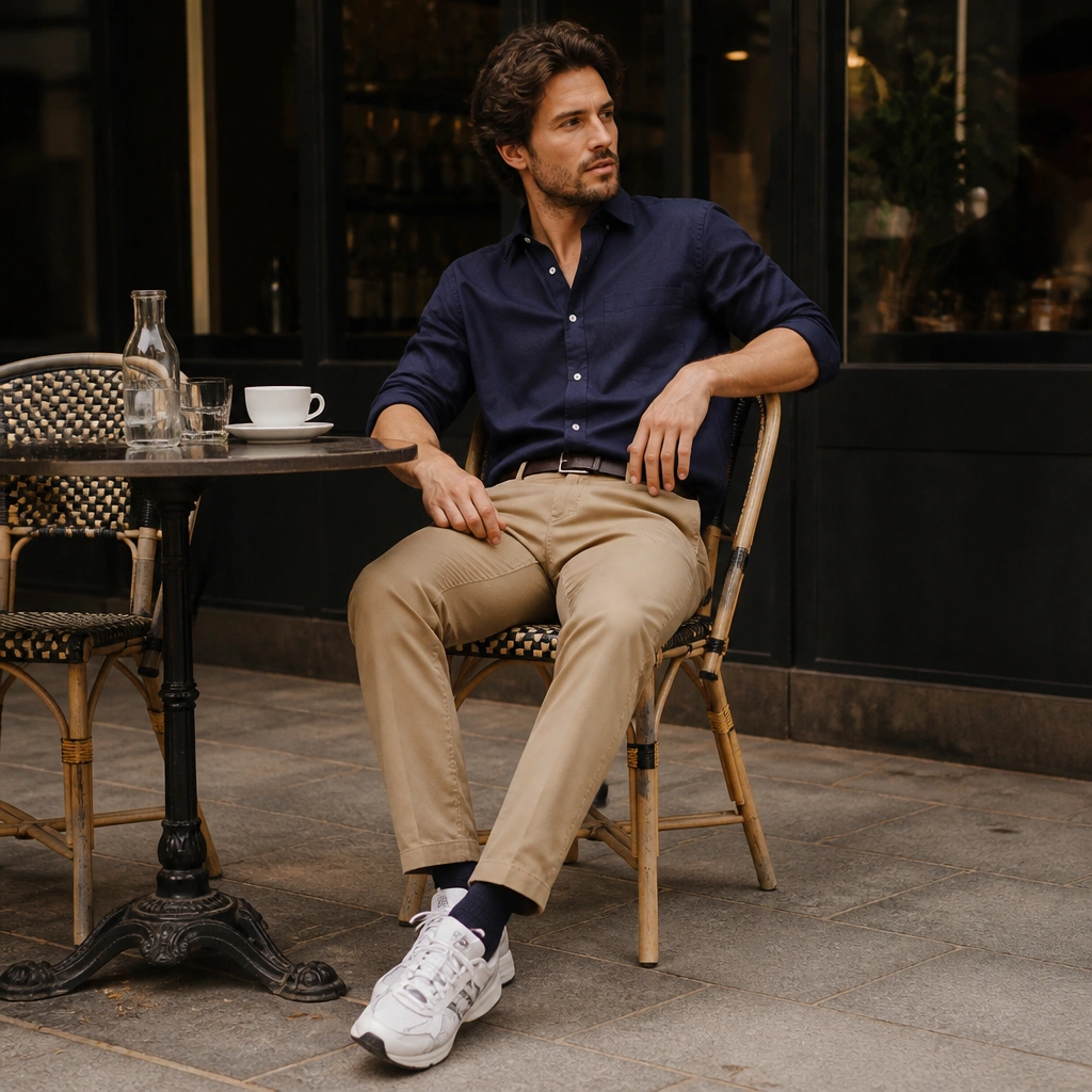 A man in a navy button-down Oxford shirt with sleeves rolled to forearms, tan tapered pants, and white ASICS Gel Kayano sneakers; the shirt is half-tucked, with a minimal belt; outdoor café setting.