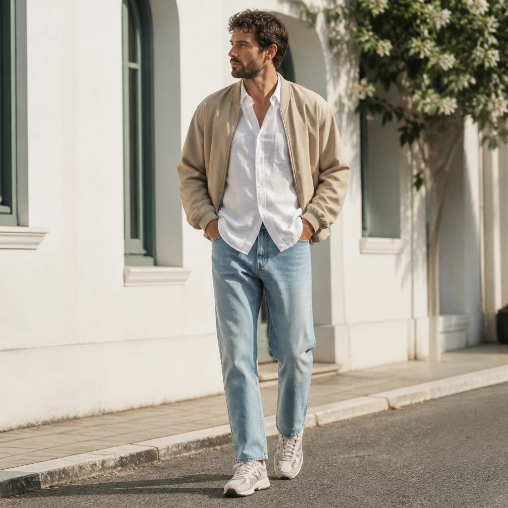 A man wearing a white linen button-down (open collar), light wash denim jeans, and a beige bomber jacket; ASICS Gel Kayano sneakers in off-white/gray; bright summer street background.