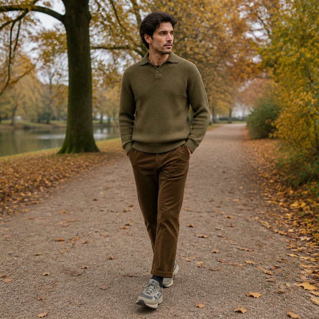 A man in an olive knit sweater polo, brown corduroy pants with a straight fit, and dark crew socks; ASICS Gel Kayano sneakers with olive/gray accents; autumn park path.
