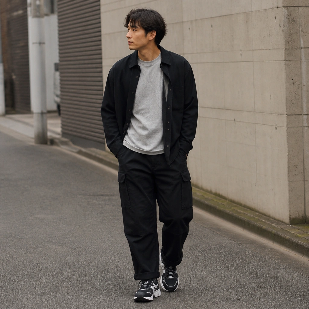 A man wearing a heather gray T-shirt, a black overshirt worn open, and relaxed cargo pants in black; ASICS Gel Kayano sneakers in black/white; urban street backdrop.