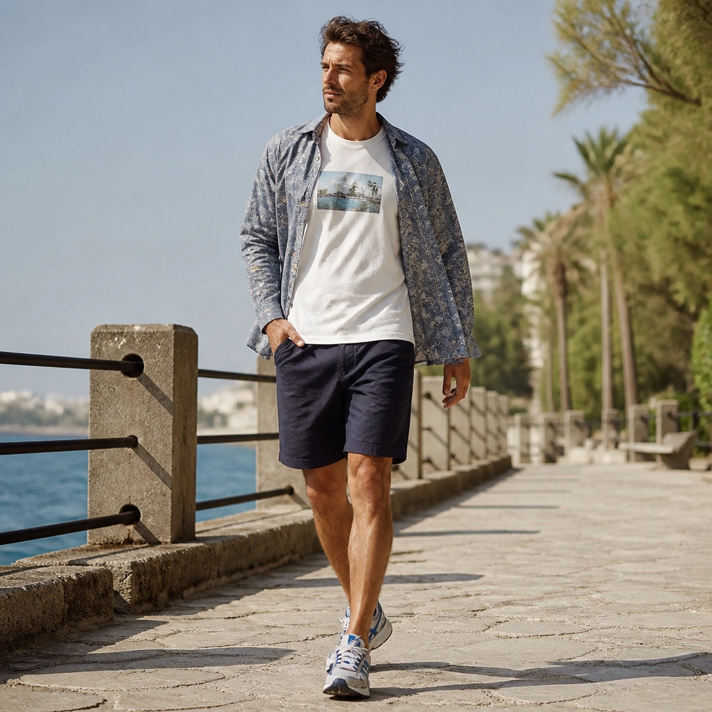 A man in a white graphic T-shirt, navy shorts, and a lightweight patterned shirt jacket worn open; ASICS Gel Kayano sneakers in white/blue; outdoor summer walkway with bright light.