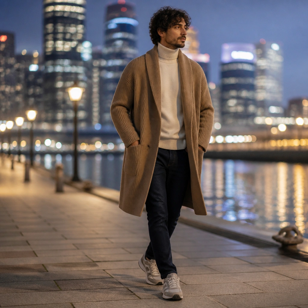 A man wearing a camel coatigan (knit coat), a cream turtleneck, dark indigo jeans, and ASICS Gel Kayano sneakers in beige/gray; evening city lights background.