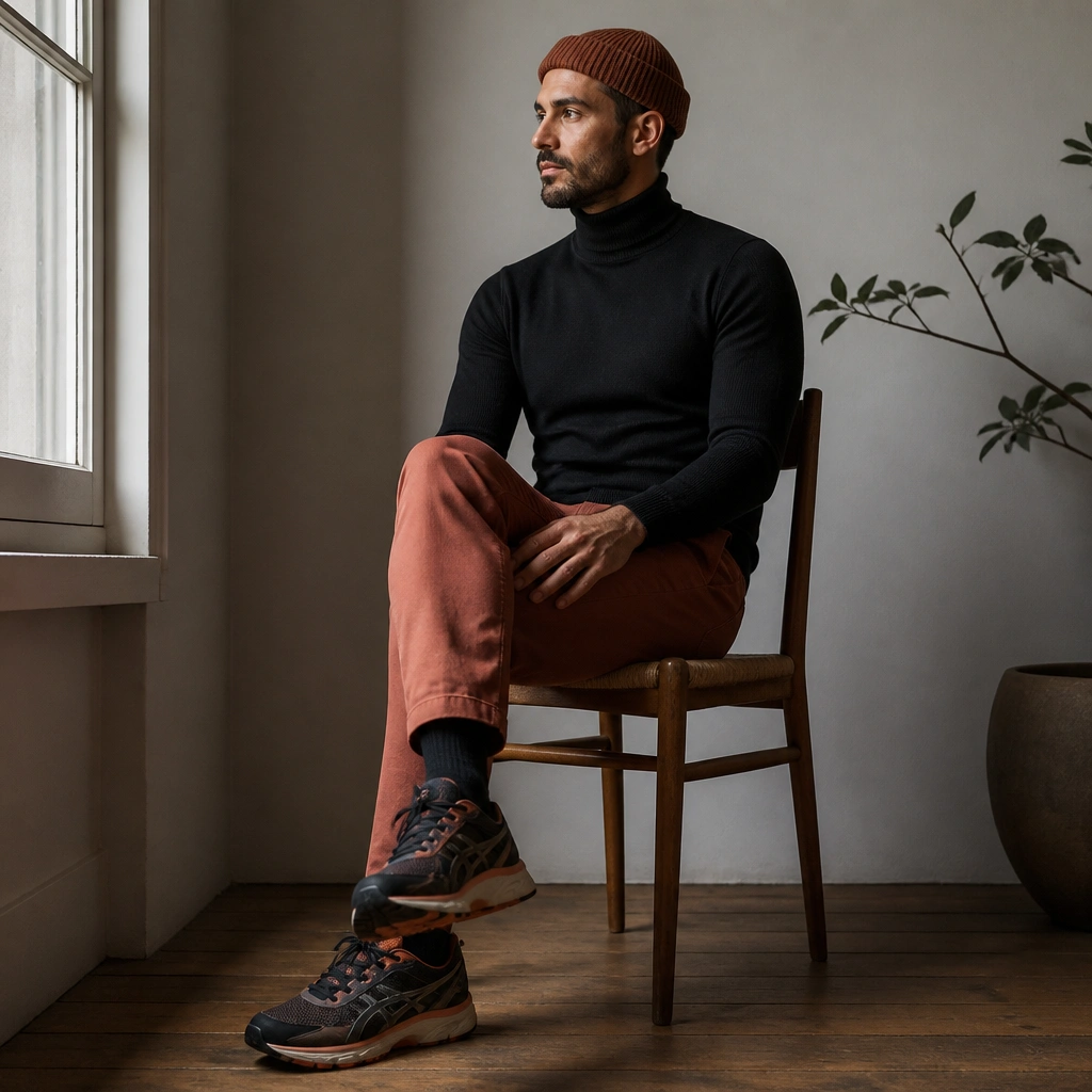 A man in a fitted black turtleneck, rust-colored chinos, and a ribbed beanie; ASICS Gel Kayano sneakers with black and warm-toned accents; indoor window light.