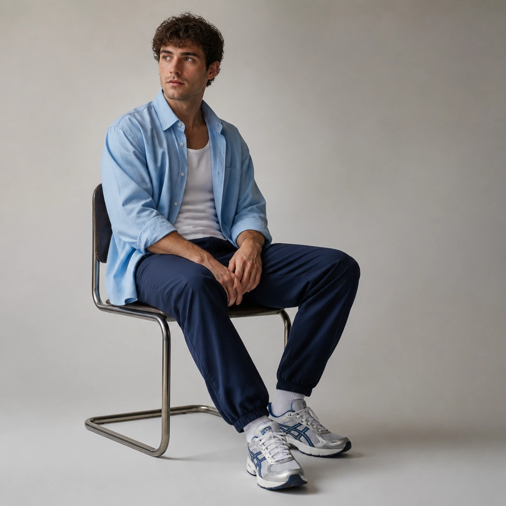 A man wearing a light blue button-down over a white tee (top buttons undone), navy track pants, and ASICS Gel Kayano sneakers in white/blue; simple studio background.