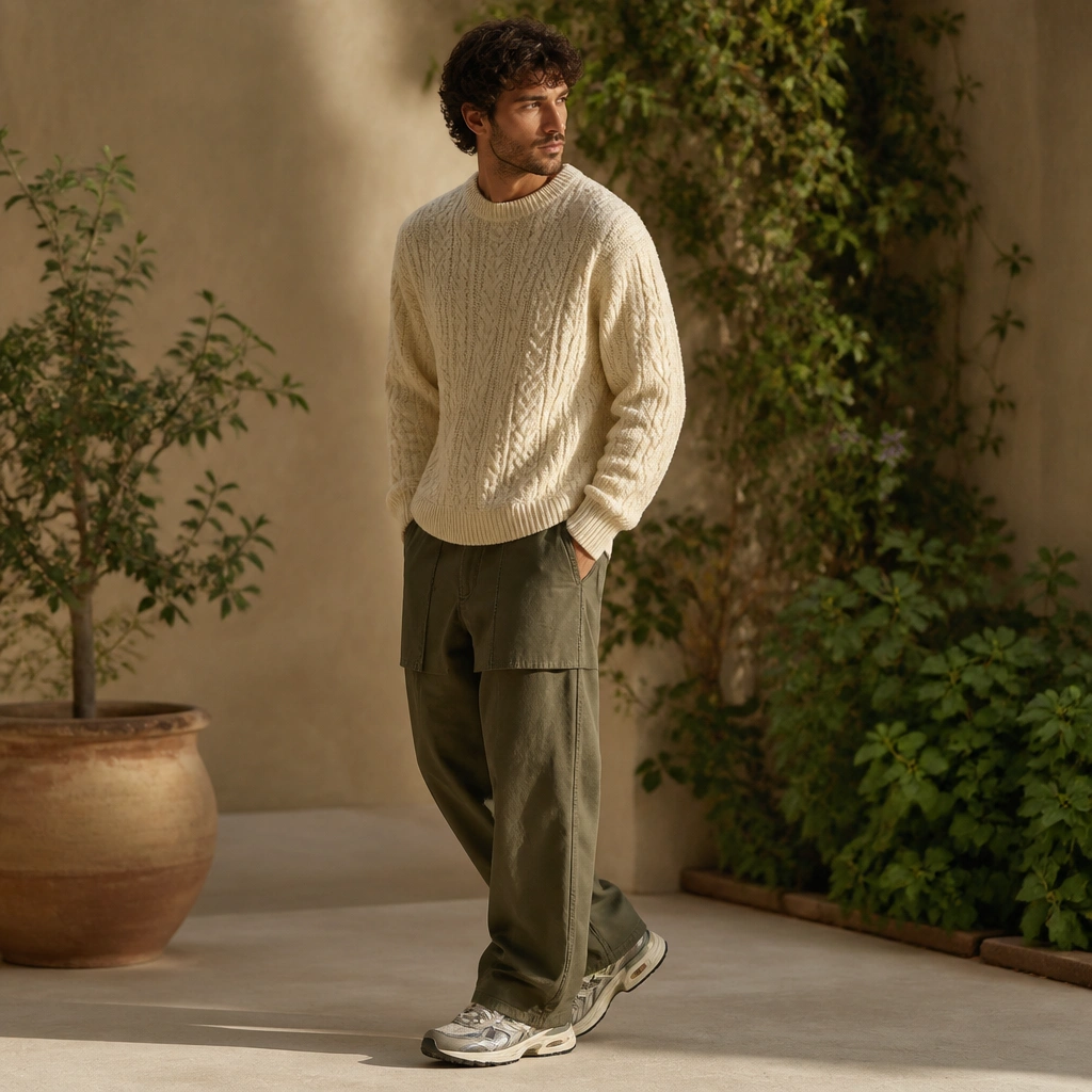 A man wearing a cream cable-knit sweater, olive pants with a slight drape and utility seaming (skirt-like panel effect), and ASICS Gel Kayano sneakers; warm-toned background with greenery.