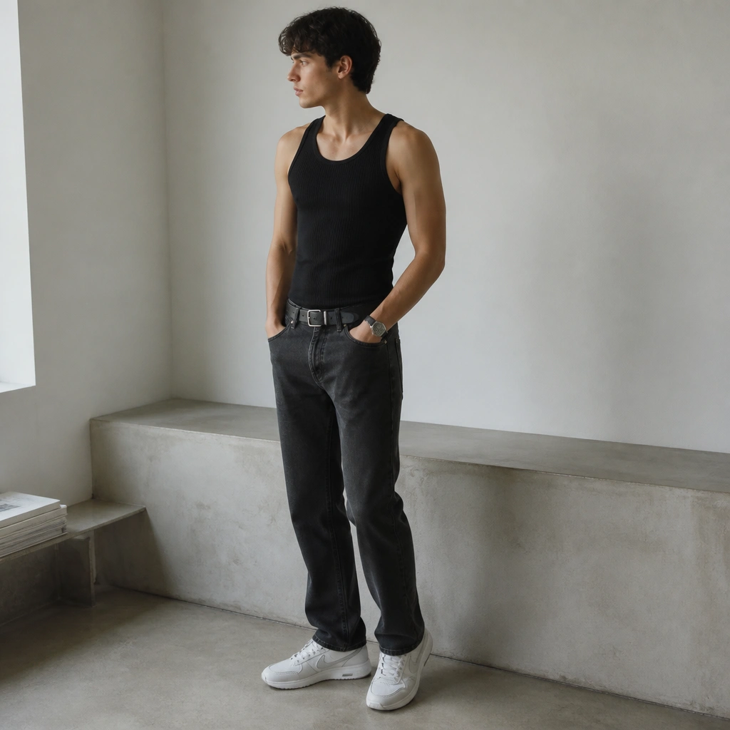 A black ribbed tank worn with straight charcoal jeans and a thin black belt; ASICS Japan S in white with subtle gray accents; simple wristwatch and no visible logos.