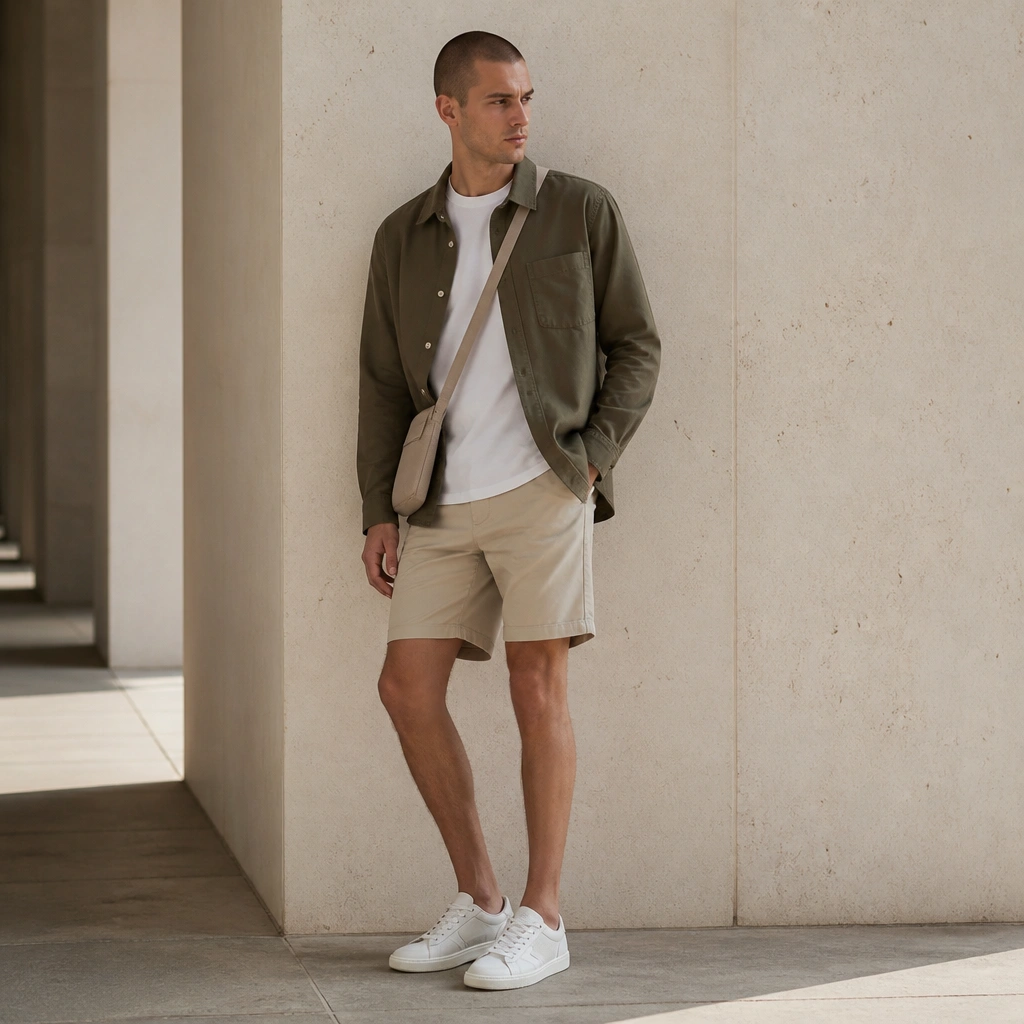 An olive lightweight overshirt worn open over a white tee, paired with beige chino shorts; white ASICS Japan S sneakers; minimal crossbody bag in sand color.
