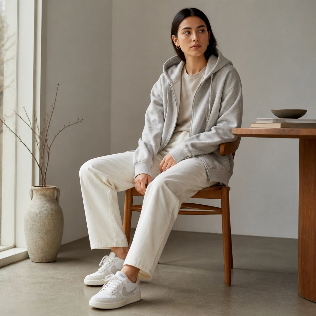 A light gray hoodie layered over a neutral top, paired with off-white straight-leg pants; white ASICS Japan S sneakers; hair tucked behind ears and small hoop earrings.