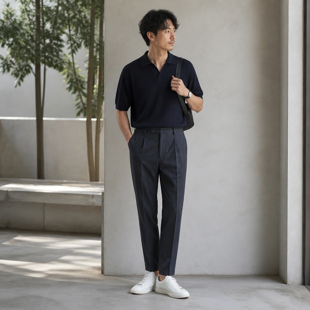 A navy knit polo shirt worn tucked into navy-gray tapered trousers; white ASICS Japan S sneakers; minimal watch and a thin shoulder strap bag.