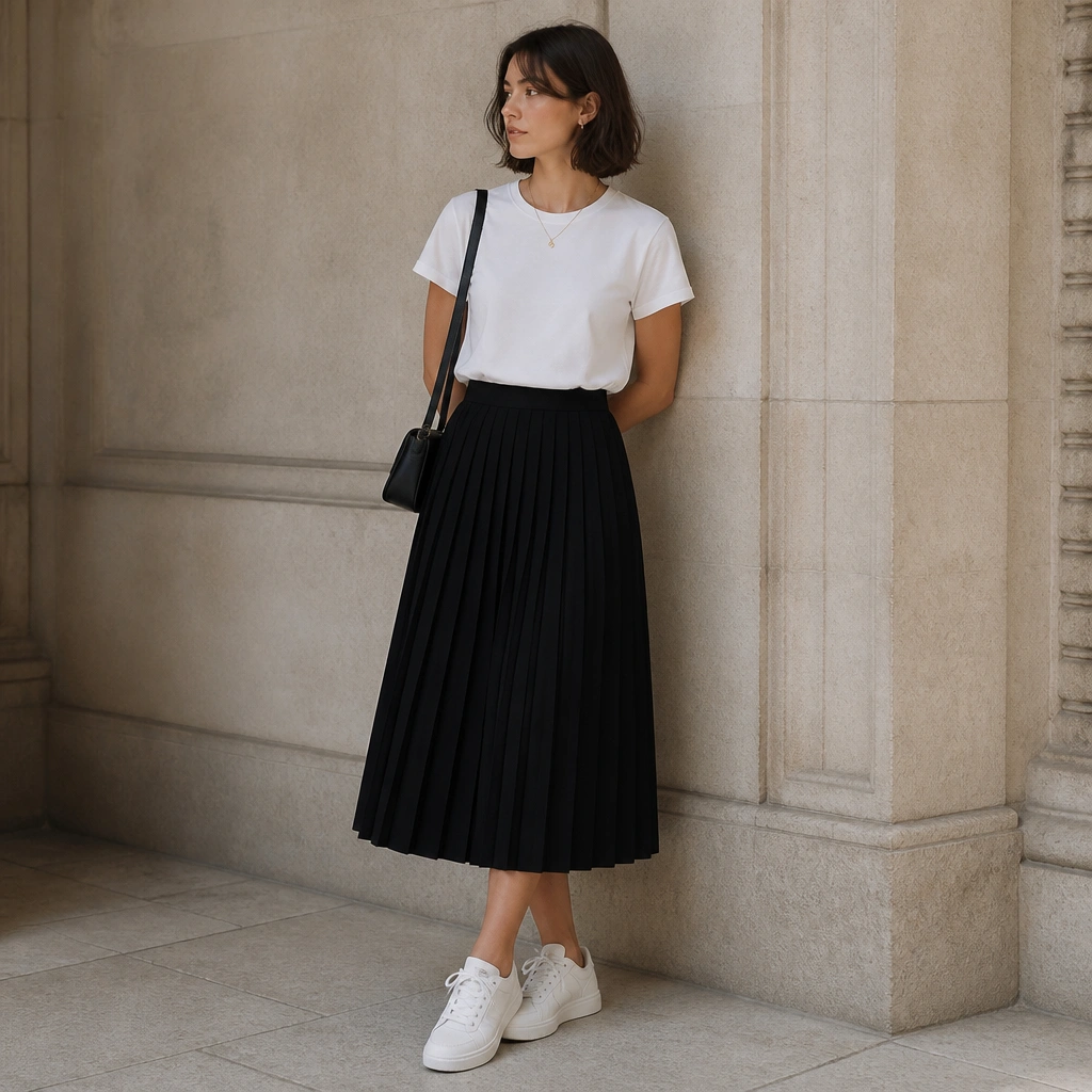 A plain white tee tucked into a black pleated midi skirt that falls below the knee; white ASICS Japan S sneakers; a small black shoulder bag and delicate necklace.