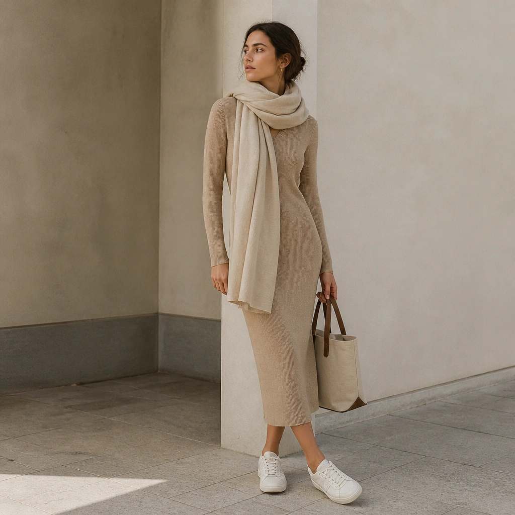 A sand-colored knit midi dress with a soft draped oat scarf wrapped around the neck; white ASICS Japan S sneakers; minimal earrings and a small tote.