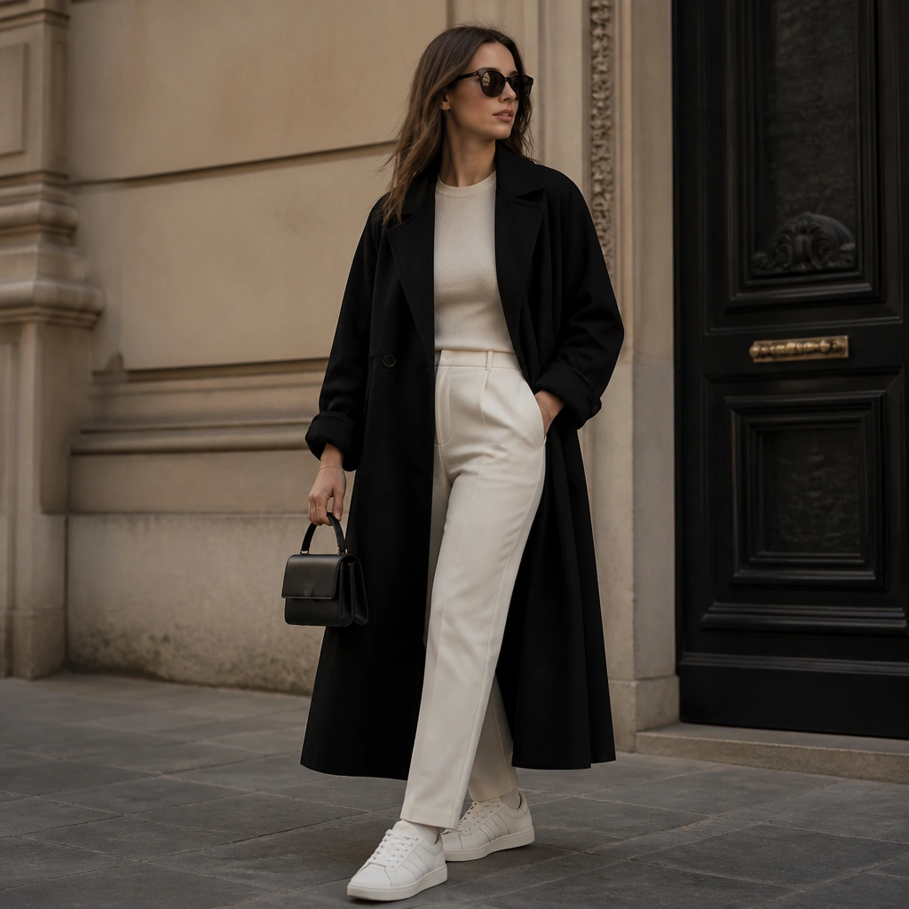 A black trench coat worn over a simple cream outfit: straight pants and a fitted top; white ASICS Japan S sneakers; sunglasses and a structured mini bag.