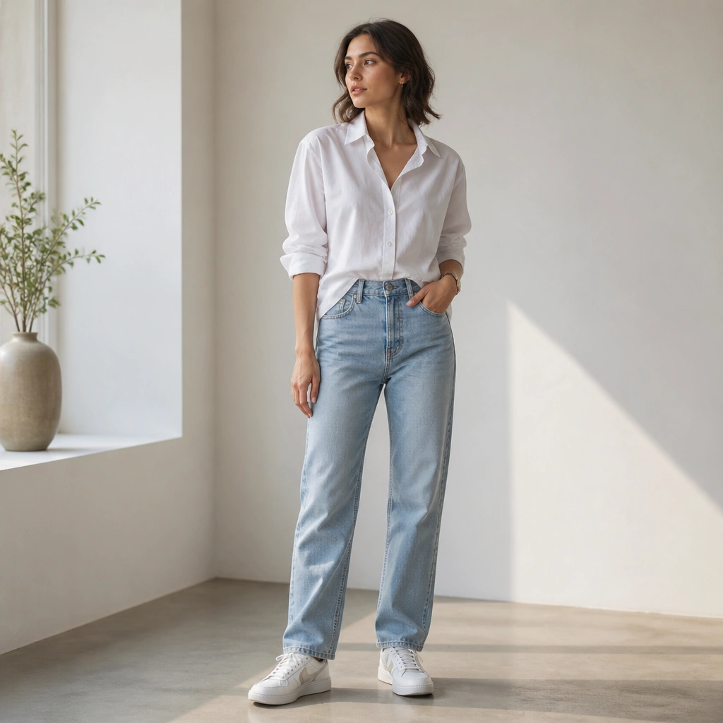A crisp white button-down worn with rolled sleeves and a partial tuck into light wash relaxed jeans; white ASICS Japan S sneakers; minimal leather watch.