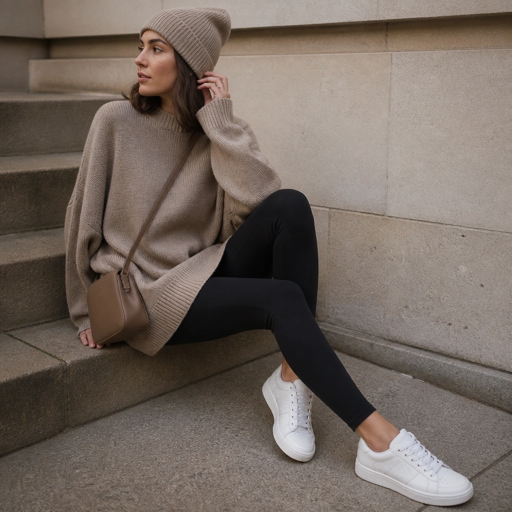 A taupe oversized sweater worn over black leggings; white ASICS Japan S sneakers; neutral beanie and a crossbody bag in taupe.