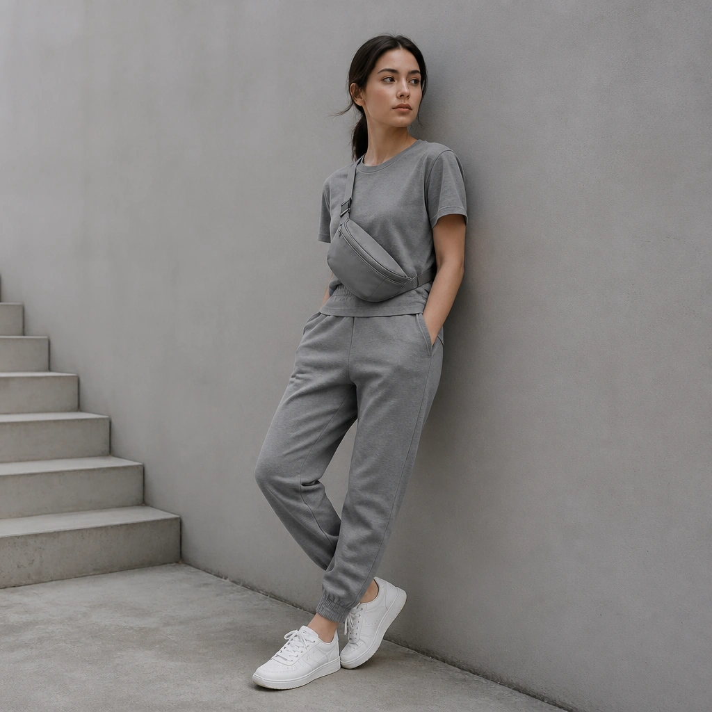 A monochrome gray tee paired with gray jogger-style pants; white ASICS Japan S sneakers; minimal belt bag and no other colors.