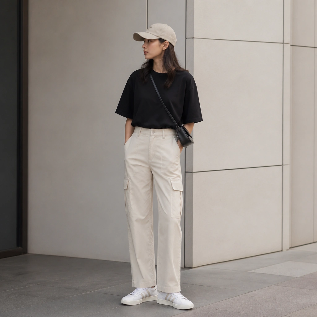 An oversized black tee tucked into cream straight cargo pants with subtle pockets; white ASICS Japan S sneakers; minimal cap and slim crossbody.