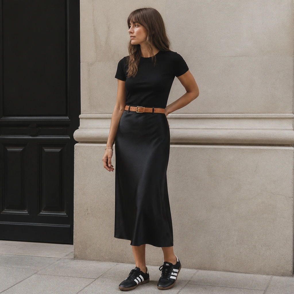 A woman wearing a black satin-like midi skirt with a fitted short-sleeve black tee tucked in, a tan leather belt, and black-and-white ASICS Onitsuka Tiger sneakers. The photo shows the skirt draping to mid-calf and the belt centered at the waist.
