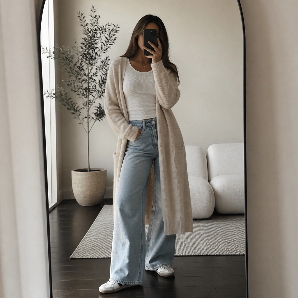 A full-body mirror shot: light-wash wide-leg jeans, a plain white ribbed tank, and a long oatmeal cardigan worn open. White ASICS Onitsuka Tiger sneakers visible under the wide hem.