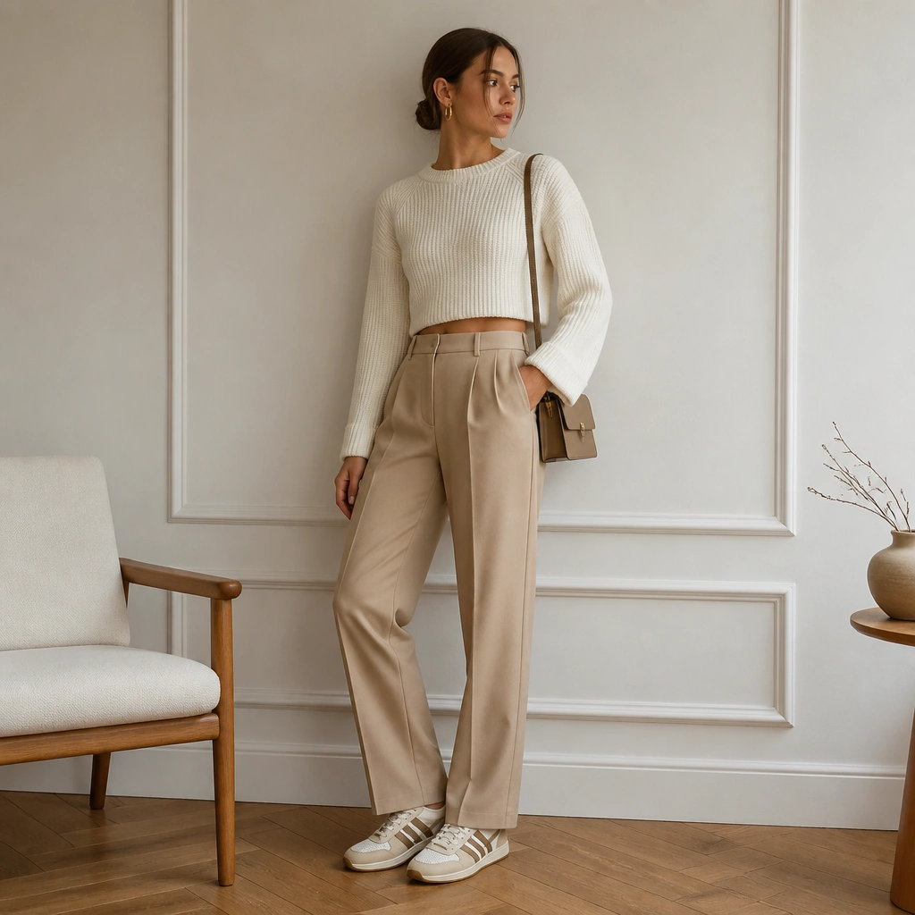 Outfit photo: tan tailored trousers with a mid-rise waist, a cream cropped knit sweater, and ASICS Onitsuka Tiger sneakers in off-white with tan accents. Gold hoops and a structured small crossbody bag are shown.