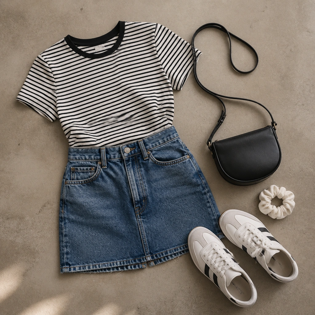 A street-style-style flat lay: blue denim mini skirt, black-and-white striped tee tucked in, and white ASICS Onitsuka Tiger sneakers. A small crossbody bag and a scrunchie are visible near the shoes.