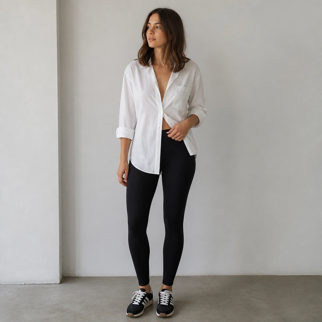 A casual outfit photo: a white button-down worn slightly open over black leggings, sleeves rolled to mid-forearm, and black-and-white ASICS Onitsuka Tiger sneakers. The waistband sits flat and the shoes are centered in frame.
