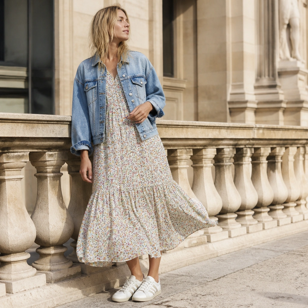 A sunny outdoor shot: a flowy floral sundress in small ditsy prints, a light blue denim jacket over it, and white ASICS Onitsuka Tiger sneakers. The hem floats above the sneaker tops.