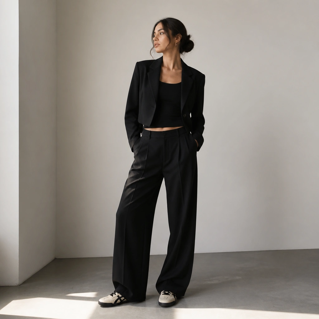 A polished outfit photo: black wide-leg trousers, a cropped black blazer, a simple fitted top underneath, and ASICS Onitsuka Tiger sneakers in black and cream. The blazer collar is visible and the pants drape to the shoe.