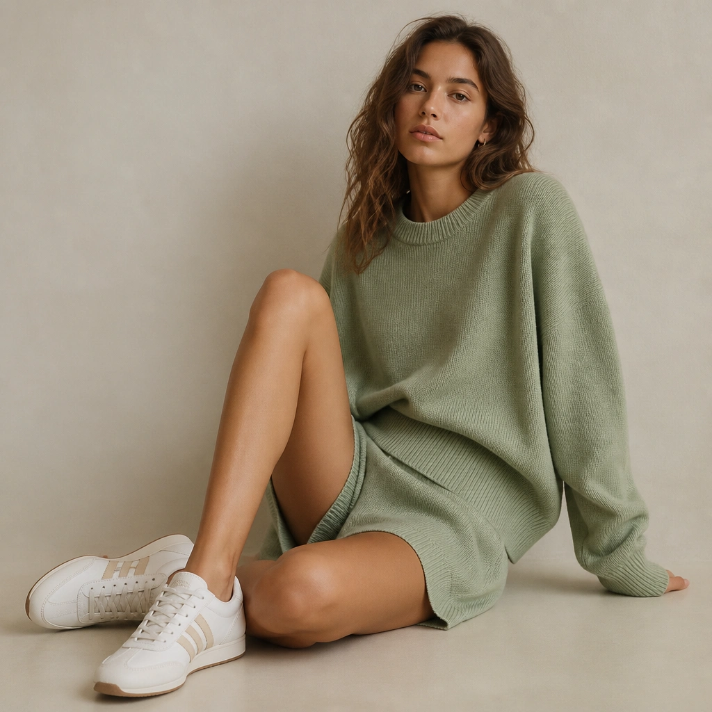 A matching set photo: sage green knit sweater and knit shorts or a matching skirt, with white ASICS Onitsuka Tiger sneakers. The colors look soft and cohesive, photographed on a neutral background.