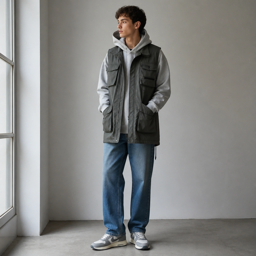 A streetwear-style outfit: light grey hoodie under a longline utility vest, straight medium-wash jeans, and grey-and-white ASICS Onitsuka Tiger sneakers. The vest pockets and zipper are clearly visible.