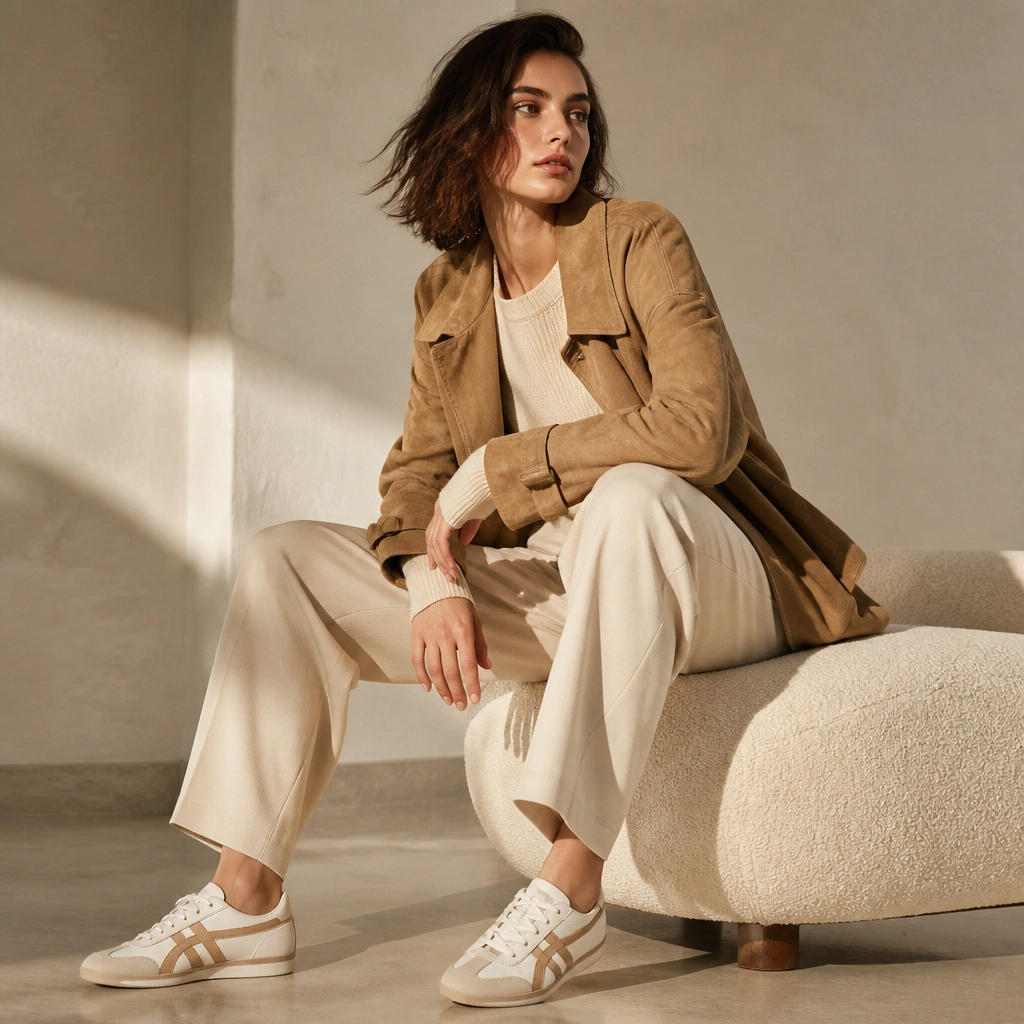 A warm-toned outfit: cream knit top and cream trousers, layered with a tan suede jacket, and ASICS Onitsuka Tiger sneakers in cream with tan accents. The image highlights texture: suede, knit, and smooth sneaker leather.