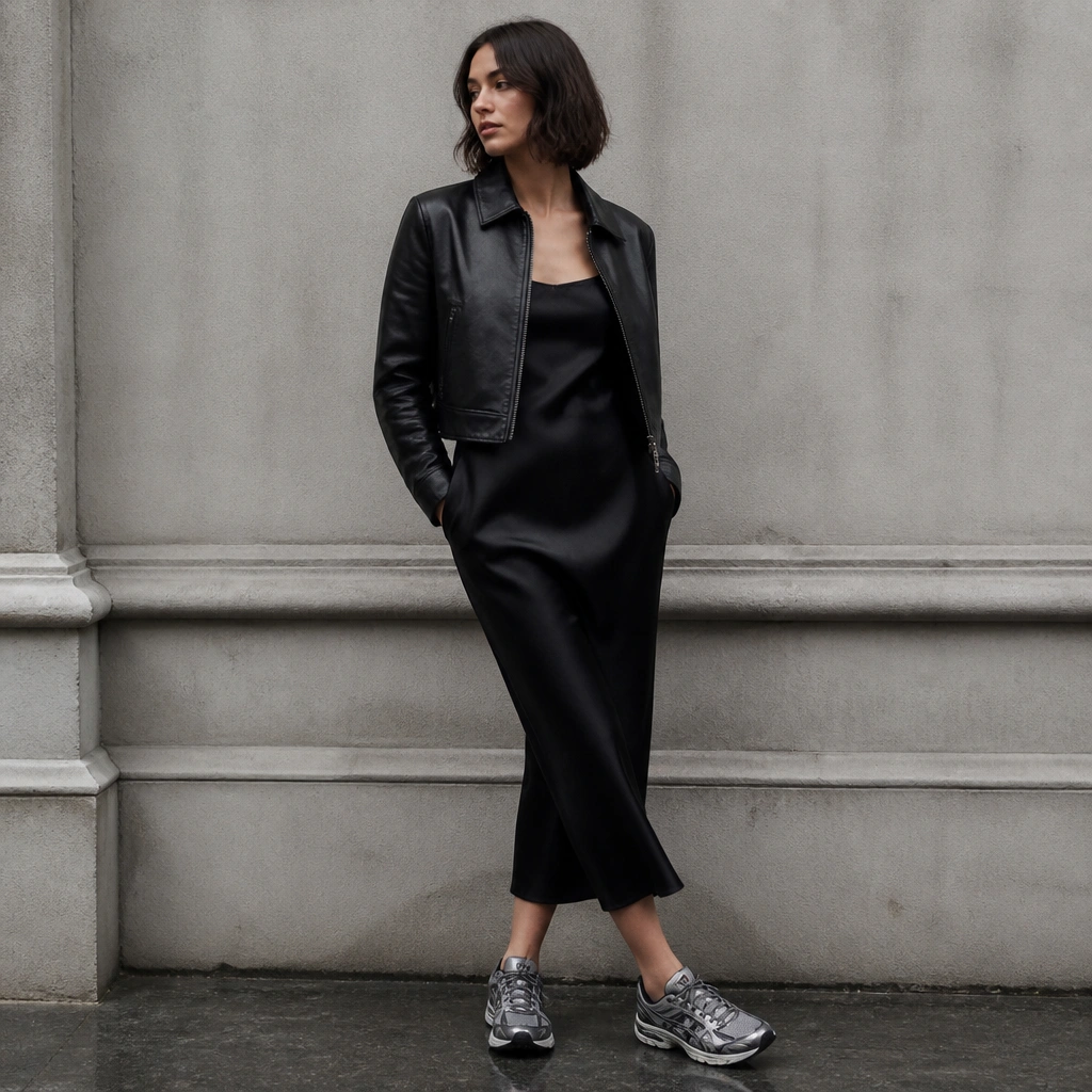 A black satin slip dress falls straight to mid-calf with a slight shine; a cropped black leather jacket sits on top; the ASICS Kayano shoes have a cooler, silver-gray accent palette.