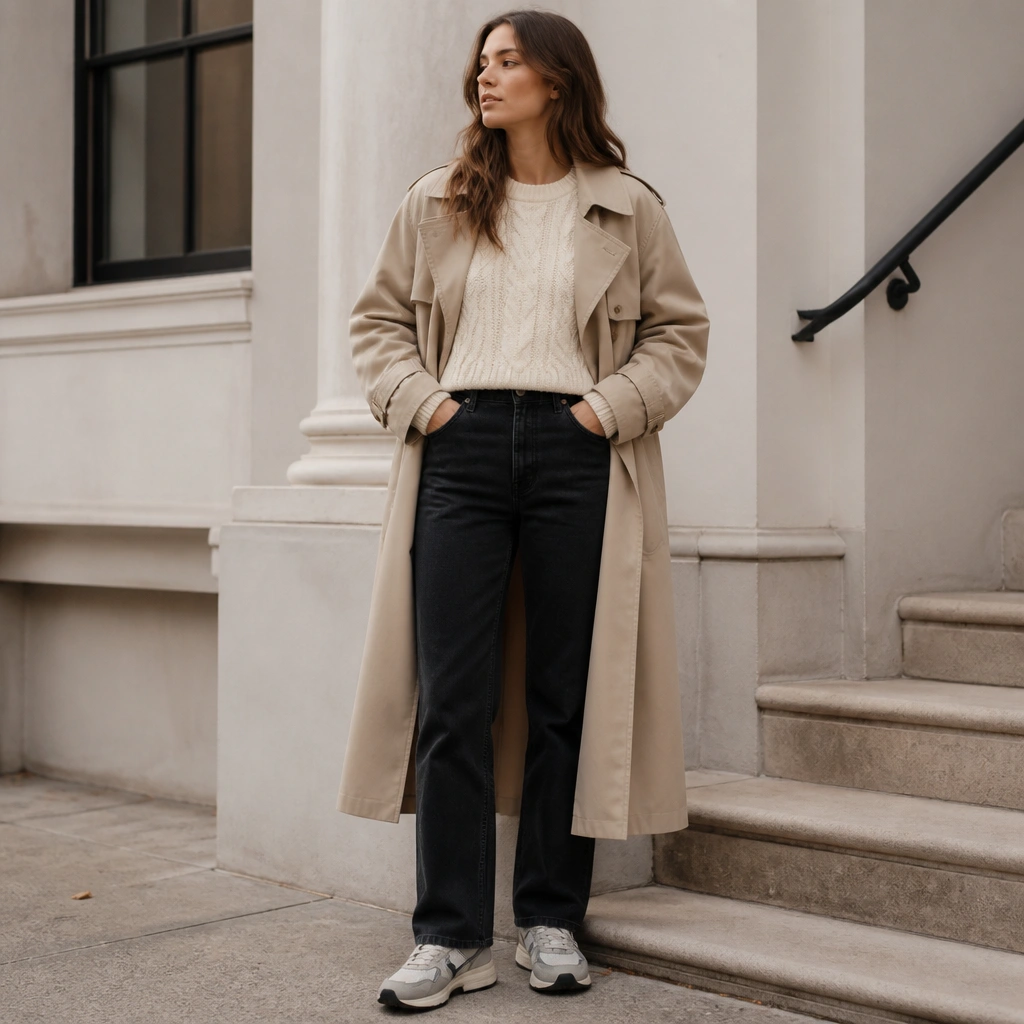 A cream cable-knit sweater is tucked into dark straight-leg jeans; a beige trench coat is worn open; ASICS Kayano sneakers in a cream-and-charcoal mix appear at the base.