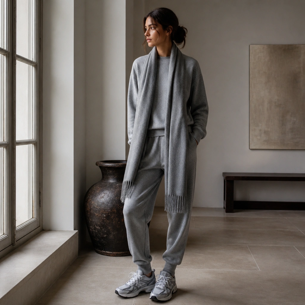 A matching grey sweatshirt and tailored joggers set is styled with a long grey scarf draped down the front; the ASICS Kayano sneakers show grey and white panels.