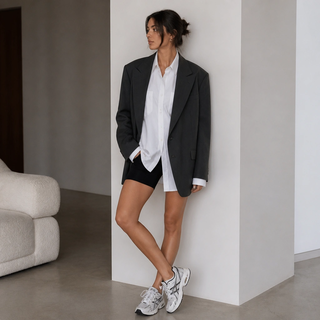 A crisp white button-down is worn under an oversized blazer; black bike shorts peek out at the thigh; the feet show ASICS Kayano sneakers in a white-and-black colorway.