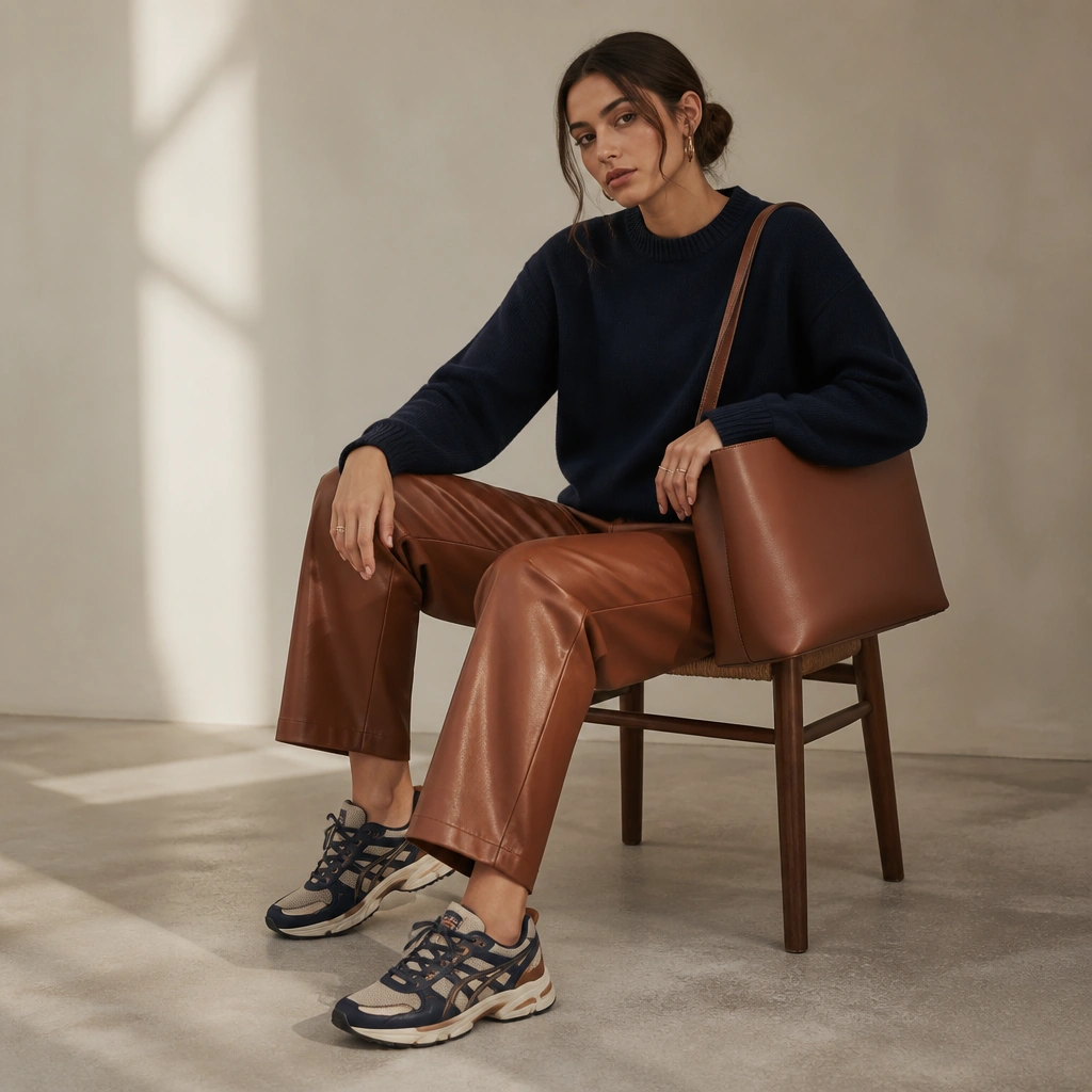 A navy crewneck sweater is paired with cognac leather-look pants; a minimal structured tote hangs from the shoulder; ASICS Kayano sneakers with navy and tan accents ground the look.