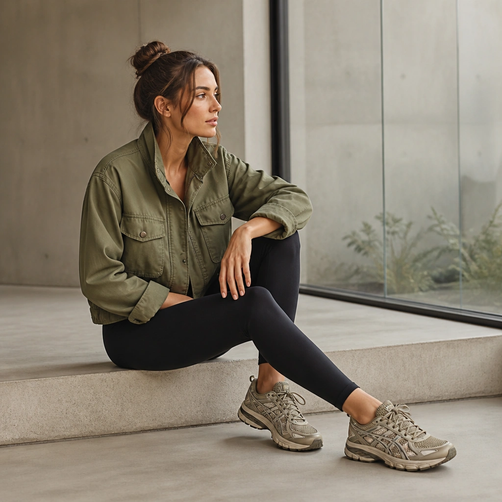 An olive utility jacket with pockets and a slightly cropped length is worn over black leggings; the ASICS Kayano sneakers show taupe, beige, and darker olive accents.