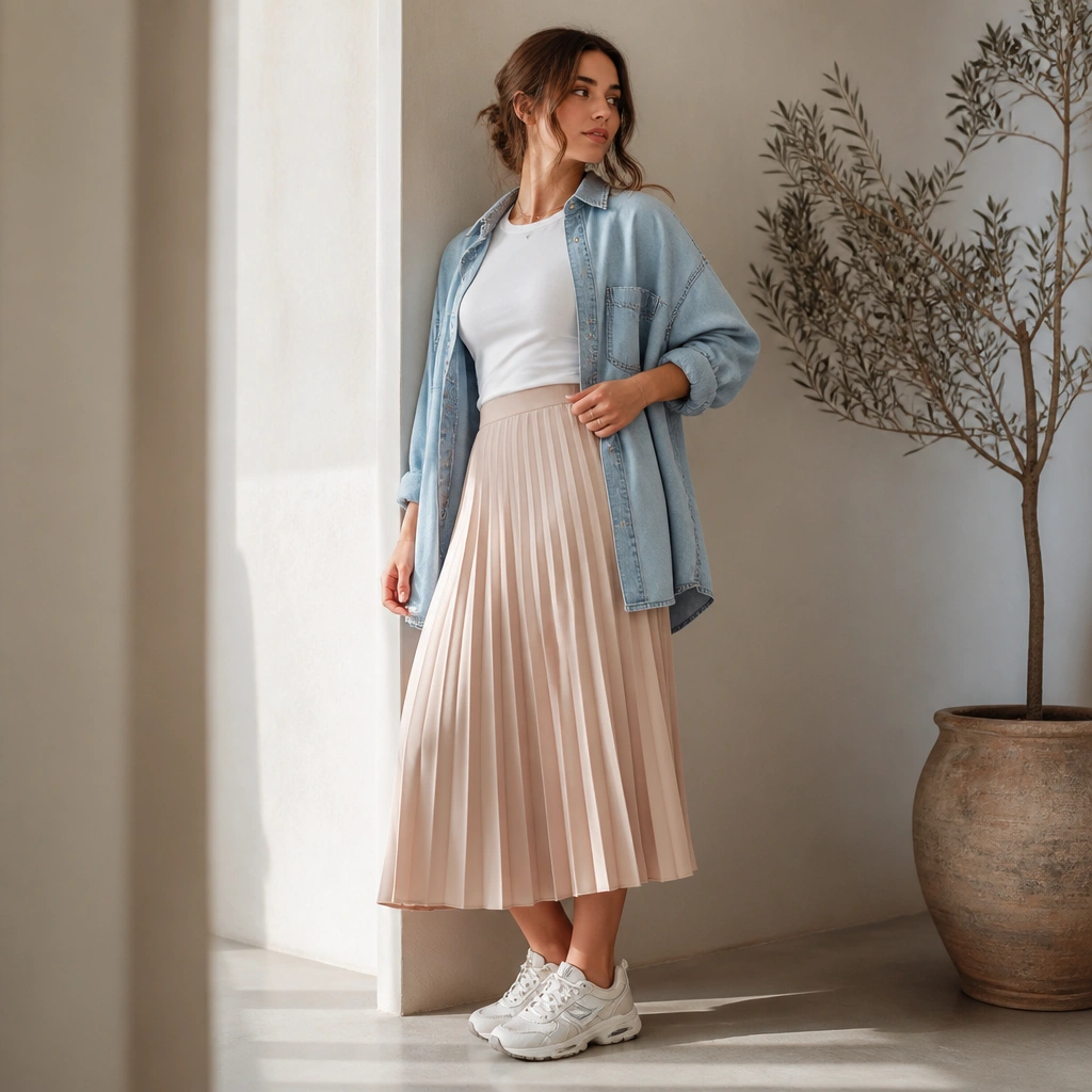 A fitted white tee is paired with a pleated midi skirt in soft blush or light beige; a light-wash denim overshirt is worn open; ASICS Kayano sneakers show creamy panels.