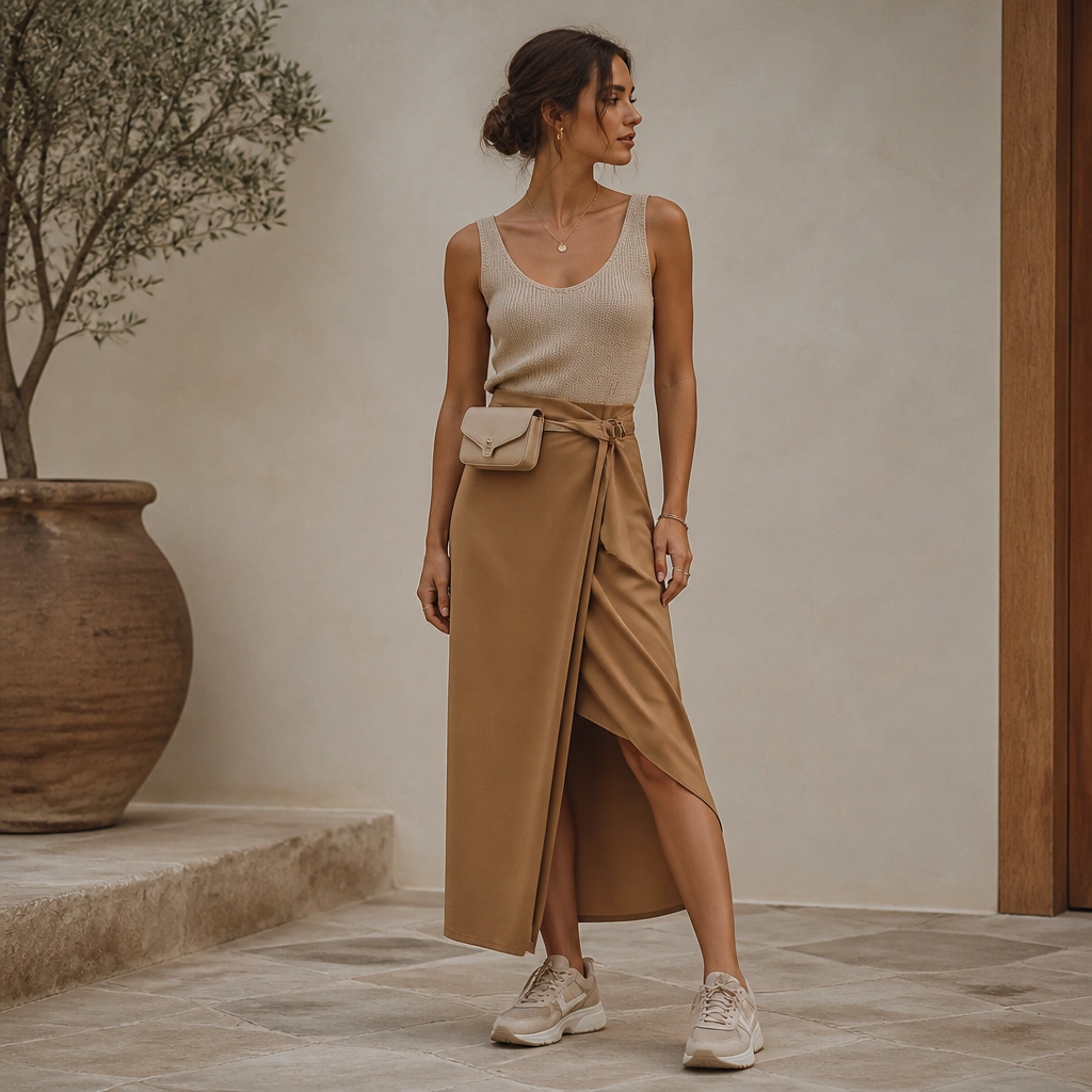 A beige knit tank is tucked into a camel wrap skirt with a defined waist; a small neutral belt bag sits at the hip; ASICS Kayano sneakers in warm beige and cream tones appear.