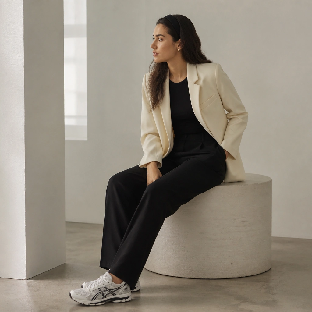 A cream blazer is worn over a black fitted top; black straight pants fall cleanly to the shoe; a minimal headband sits in the hair; ASICS Kayano sneakers are white/black.