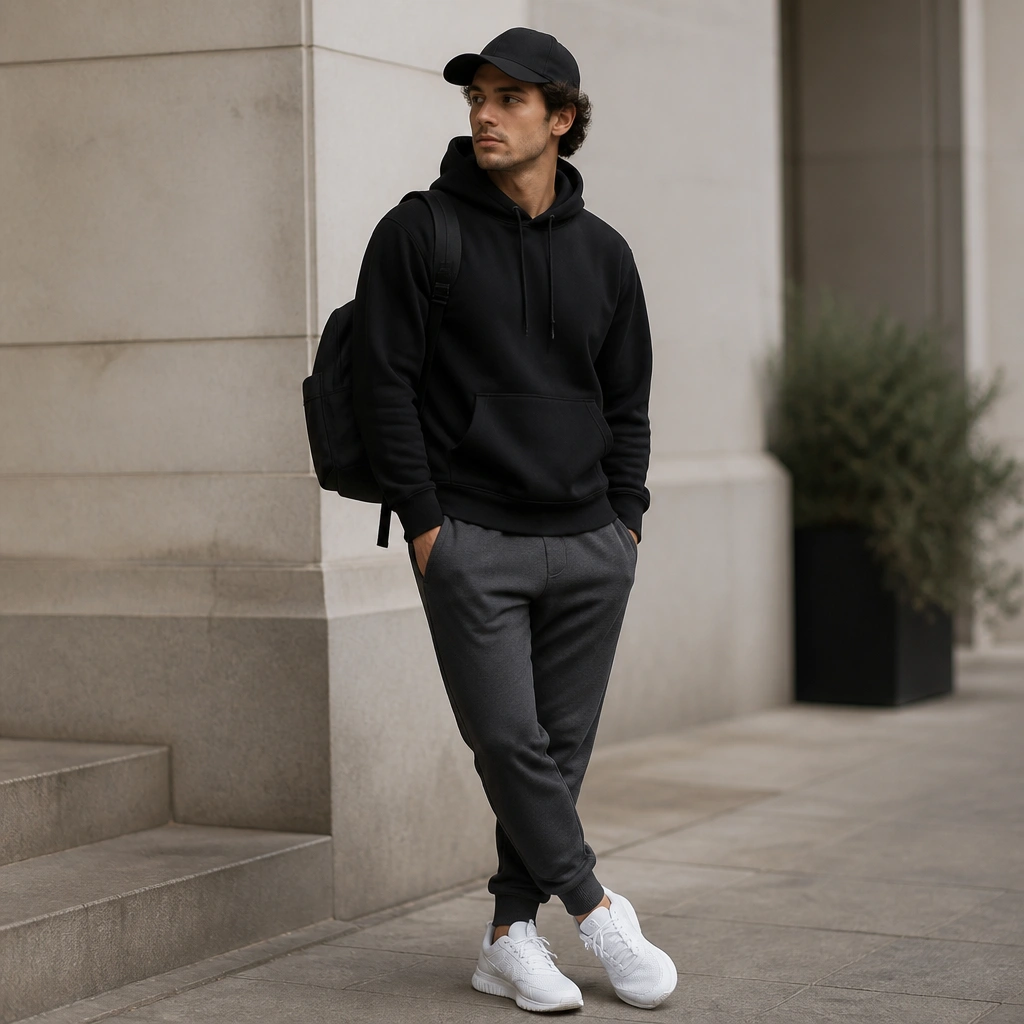 A cozy streetwear outfit: black hoodie, charcoal joggers with tapered cuffs, and clean white ASICS sneakers. The look is finished with a black baseball cap and a small backpack worn over one shoulder.