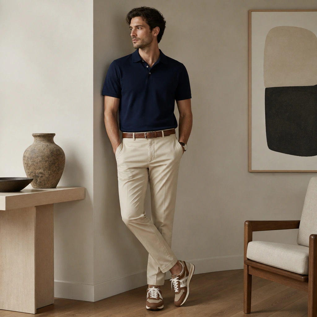 A man wearing a navy polo shirt tucked into beige chinos, with a brown leather belt and a relaxed stance. Brown-and-white ASICS sneakers match the belt tone; a simple wristwatch is visible.