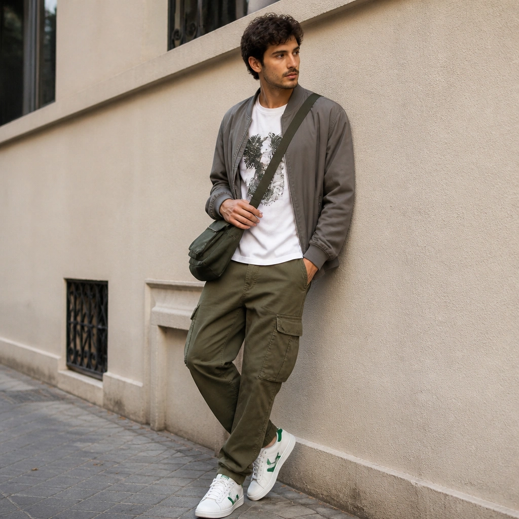 A casual street look featuring a fitted graphic tee, olive cargo pants with visible pockets, and white sneakers with green accents. A lightweight bomber jacket is worn open, and a crossbody bag adds practicality.