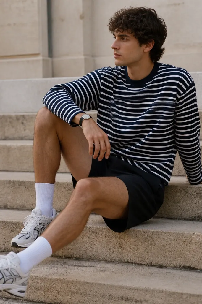 A summer-ready look: black athletic shorts, a navy-and-white striped long-sleeve shirt worn slightly loose, and white ASICS sneakers. The outfit is styled with white crew socks and a minimal watch.