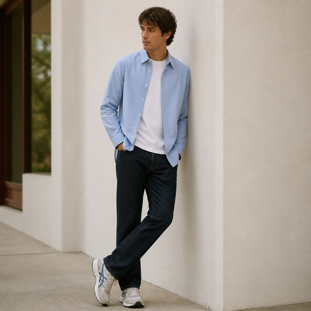 A man wearing a light blue button-down shirt over a white crew-neck tee, paired with dark straight-leg jeans. He has on ASICS sneakers with a light base and subtle blue accents; the shirt is unbuttoned at the top.