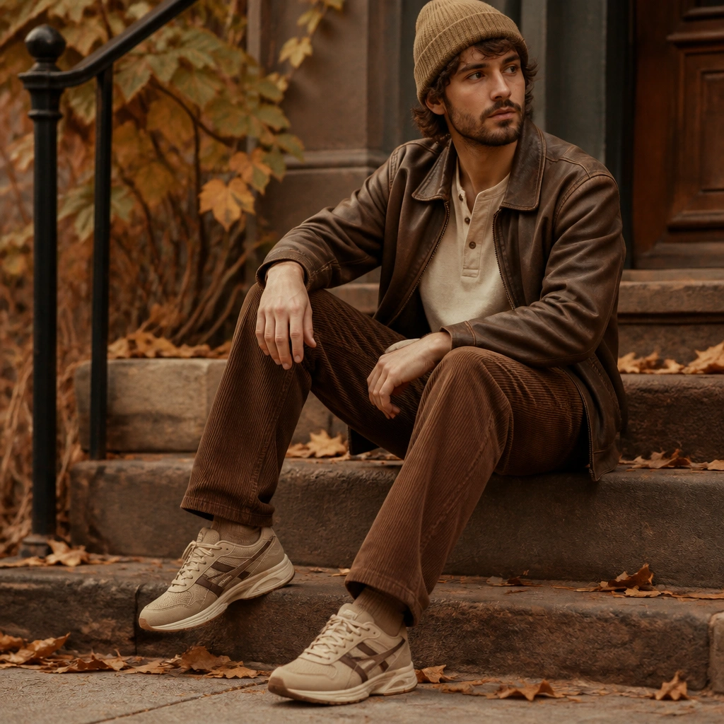 A warm-toned fall look: beige henley shirt, brown corduroy pants with visible fine ridges, and tan ASICS sneakers. A wool beanie and a casual leather jacket complete the styling.