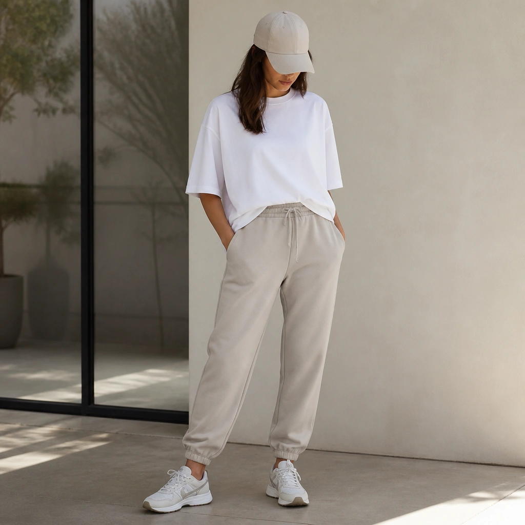 An airy outfit with an oversized white tee, stone-colored joggers, and clean ASICS sneakers. A minimal cap sits low, and the tee hem is tucked slightly in the front.