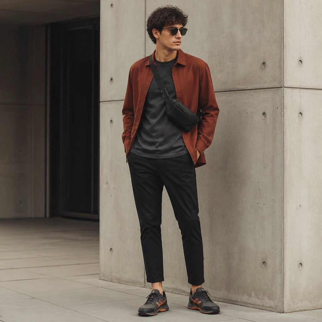 A sleek streetwear outfit: charcoal tee, rust-colored overshirt worn open, and black fitted pants with a tapered ankle. The ASICS sneakers are dark with warm orange details; a crossbody bag is visible.