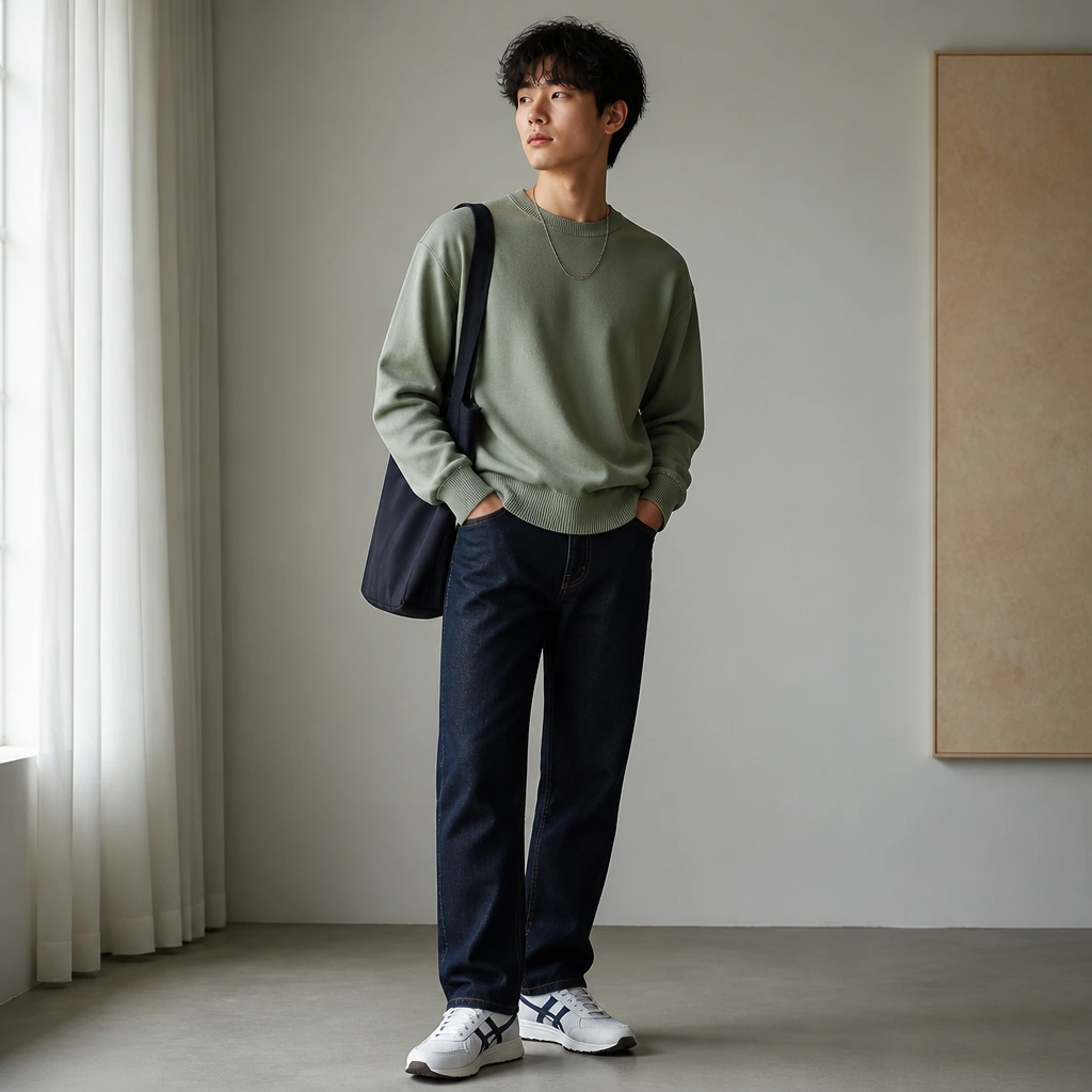 A casual color-block look with a sage green crewneck sweater, navy jeans, and white ASICS sneakers. The outfit is finished with a dark tote bag and a simple chain necklace.