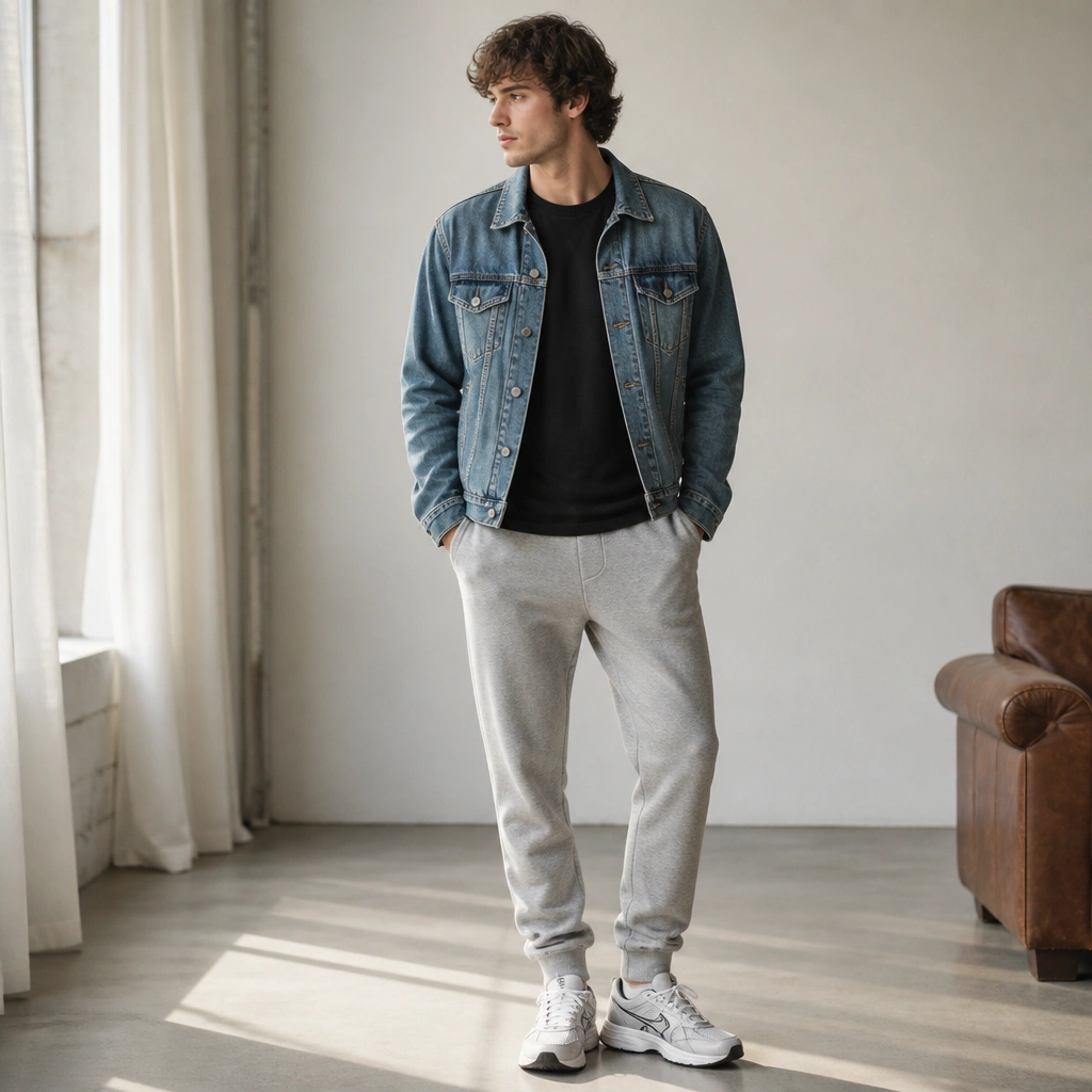 A classic casual setup: black crew-neck tee, gray sweatpants with cuffs, and a medium-wash denim jacket. White-and-gray ASICS sneakers sit cleanly under the cuff hem.